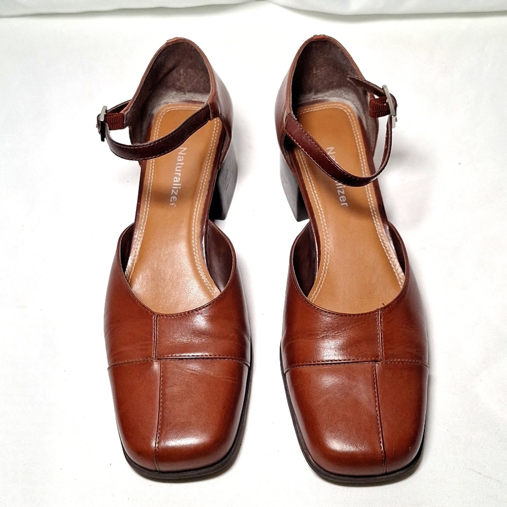 Naturalizer Women's Brown Leather Ankle-Strap Block Heel Pumps